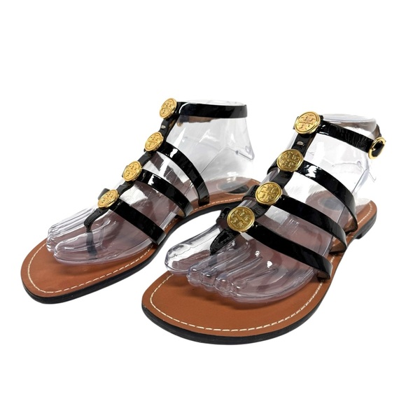 Tory Burch Alexis Women’s Patent Black & Gold Sandals Size-7 EUC - Picture 4 of 11